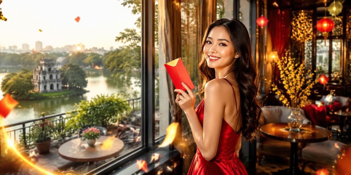 Người dùng Hà Nội mở phong bao đỏ khuyến mãi trên điện thoại khi uống cà phê sáng