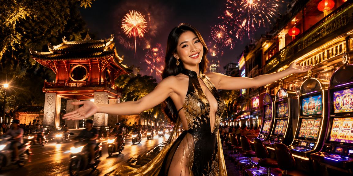 Người chơi slot game trong không gian neon Hà Nội ban đêm sôi động
